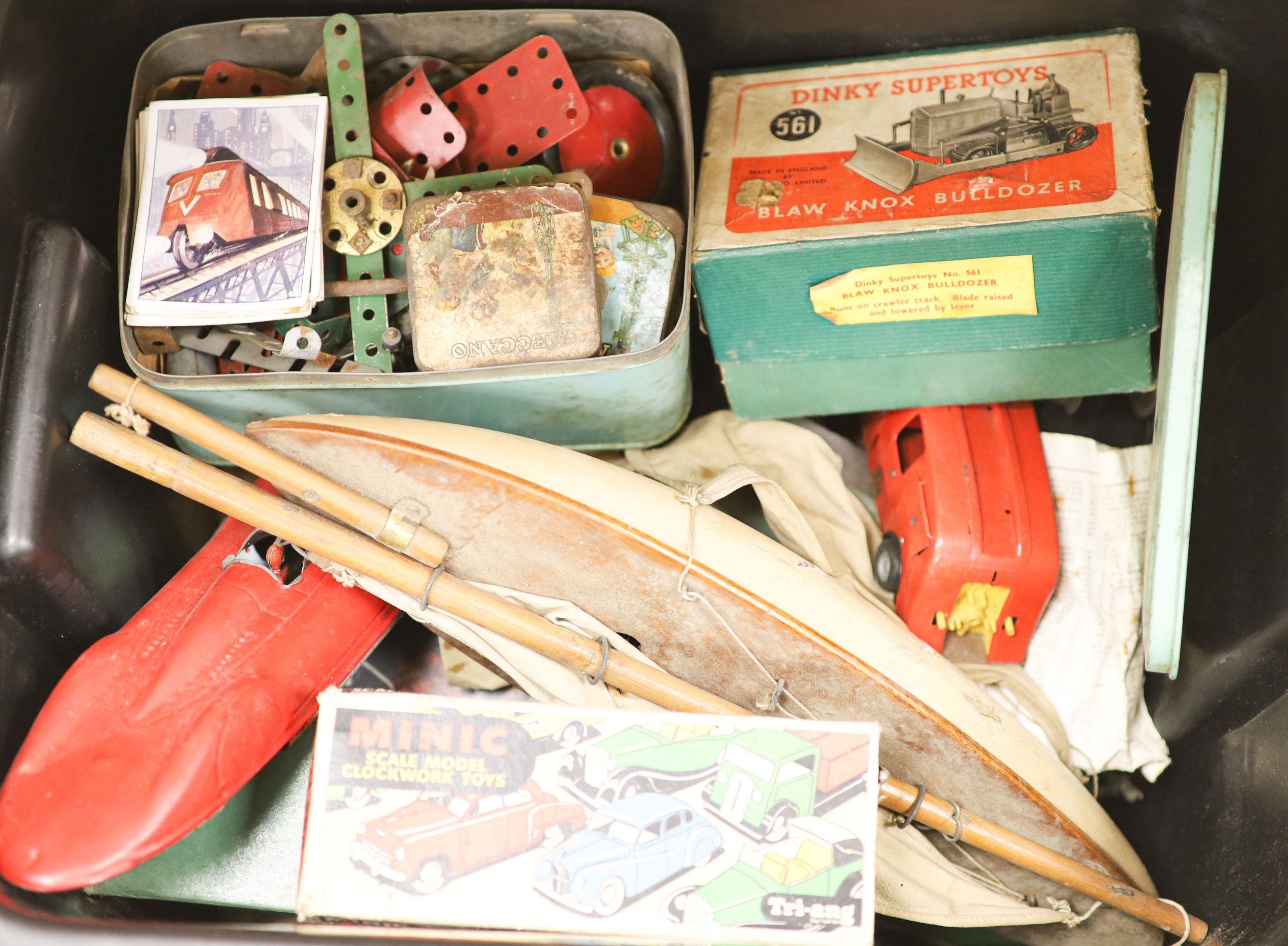 A box of Dinky cars, Hornby loco, Minic, Meccano etc